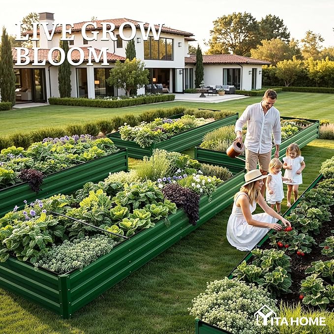 YITAHOME 12x4x1ft 2pcs Large Raised Garden Bed Kit, Galvanized Metal Planter Box with Gloves, Ground Nails, Support Rod, Outdoor Above Ground Planters for Plants Vegetables Flowers, Green