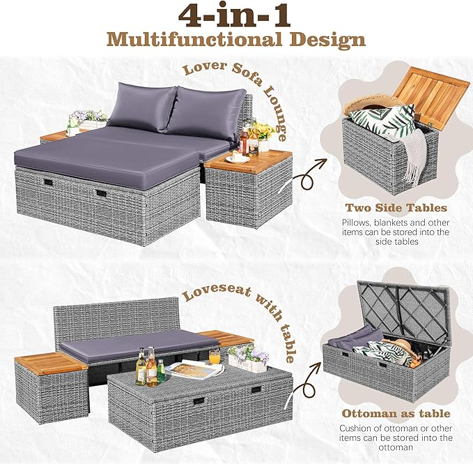 Flamaker Outdoor Rattan Lounge Chair with 2 Side Tables, Multifunctional Outdoor Patio Daybed with Footrest, Cushions, Storage Ottoman,Chaise Lounge Chair for Backyard Porch Poolside(Grey)