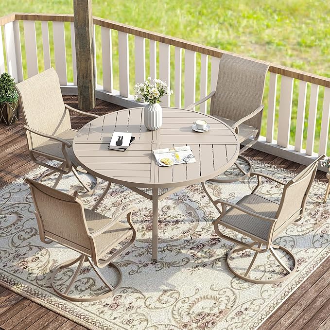 VICLLAX Round Patio Table with Adjustable Umbrella Hole for 4, All Weather Metal Outdoor Dining Table for Lawn Garden, 40.6" Outdoor Coffee Table, Cream Color Frame