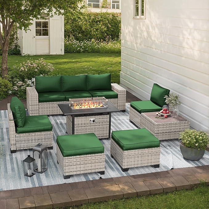 9-Piece Outdoor Patio Furniture Set with 55,000 BTU Fire Pit Table, PE Wicker Rattan Sectional Sofa Patio Conversation Set with Ottomans & Coffee Table, Green