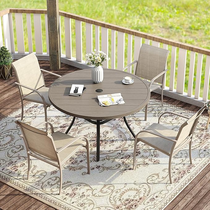 VICLLAX 5 Pieces Patio Dining Set for 4, Outdoor Furniture Set Includes 40.7" Round Patio Table and 4 Patio Stackable Chairs, Grey Wood Grain Tabletop and Sandshell Fabric