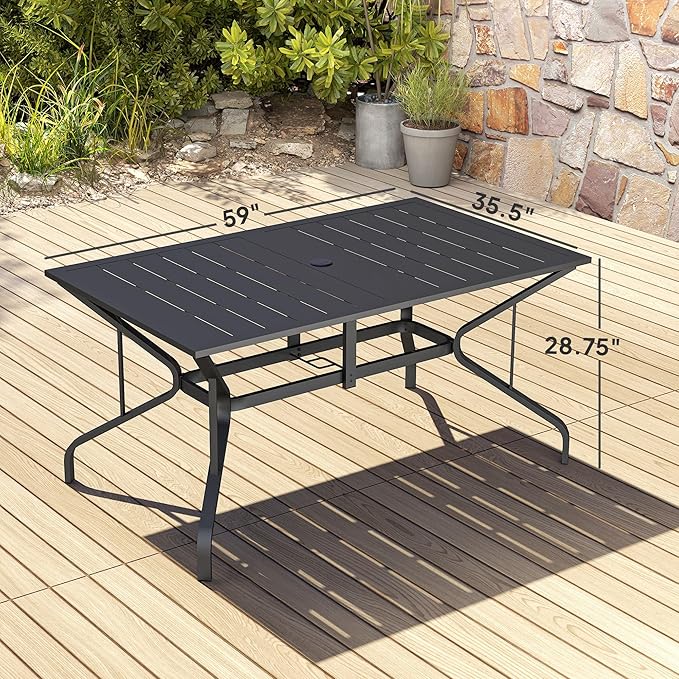 Outsunny Rectangle Outdoor Dining Table for 6 People, Steel Rectangular Patio Table with Umbrella Hole, Steel Frame for Garden, Balcony, Black