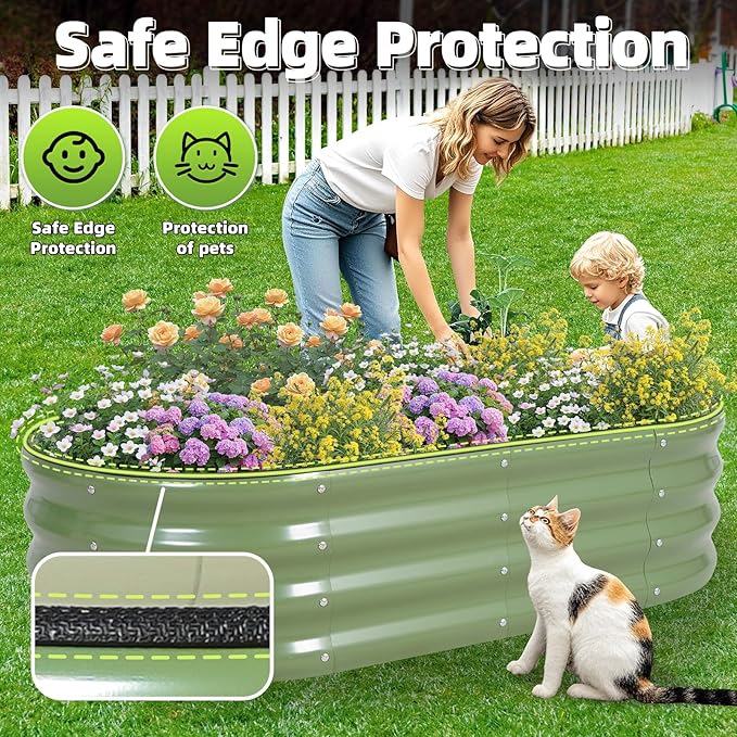 G GOOD GAIN Galvanized Metal Raised Garden Bed Kit - 4x2x1FT Outdoor Planter Box with Safety Edging and Gloves for Vegetables, Fruits, Flowers(Olive Green, 3PC)