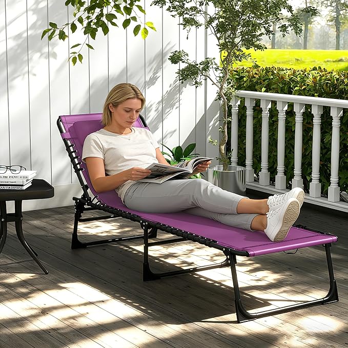 Outsunny Folding Chaise Lounge Chair, Patio Sun Tanning Chair, Outdoor Chaise Lounger with 4-Position Reclining Back, Breathable Mesh Seat for Beach, Poolside, Yard, Purple