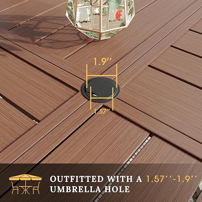 VICLLAX Round Patio Table with Adjustable Umbrella Hole for 8, All Weather Metal Outdoor Dining Table for Lawn Garden, 59.8" Outdoor Coffee Table, Walnut Wood-Like Tabletop
