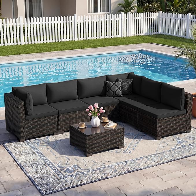 LEVELEVE 7 Pieces Outdoor Patio Furniture Sets,Rattan Conversation Sectional Set,Manual Weaving Wicker Patio Sofa with Tea Table(Black 7pcs)