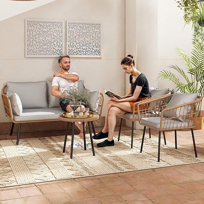 DWVO Patio Furniture Set 4 Pieces Boho Wicker Bistro Set, All Weather Outdoor Rattan Conversation Set with Loveseat Chairs Table Soft Cushions for Backyard, Pool, Garden - Grey