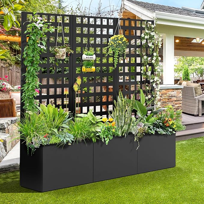 FENCY Metal Planter Box with Trellis, Planter Trellis for Climbing Plants Vegetable Vines, Trellis with Planter Box & Privacy Screen, Raised Garden Bed with Drainage Holes (23.6" L x 63" H/Lattice)