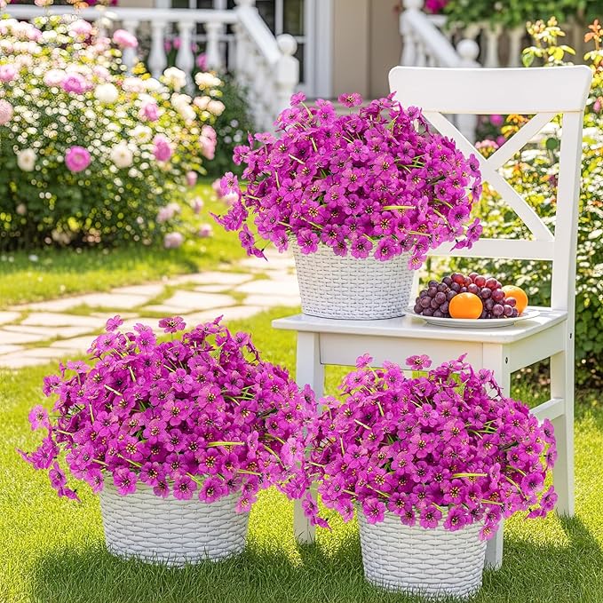 MACTING 24 Bundles Artificial Flowers for Outdoors Fake Flowers UV Resistant Faux Plastic Plants No Fade for Planters Window Patio Porch Home Garden Outside Spring Summer Decorations(Purple)