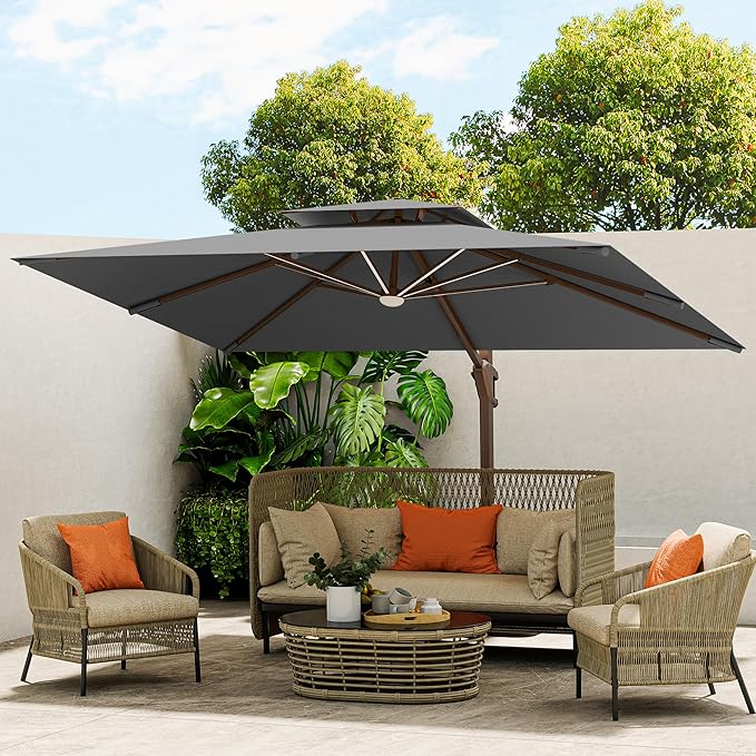 10 X 13 FT Cantilever Outdoor Patio Umbrella with Base Included Large Heavy Duty 360° Rotation Double Top Offset Rectangular Umbrellas with Led Lights for Backyard Outside Deck,Grey