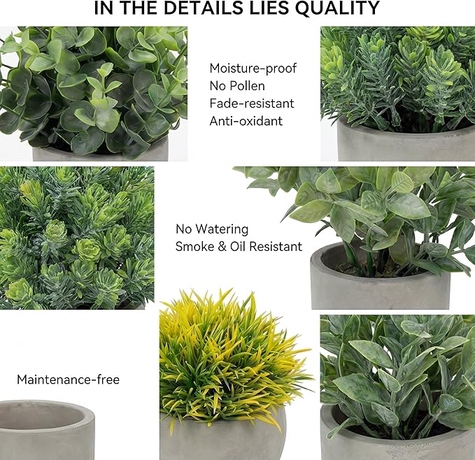 Fake Plants, 5 Pack Artificial Eucalyptus & Greenery in Cement Pots - Small Potted Faux Plants for Indoor Outdoor Shelves, Desk, Table, Farmhouse Bathroom, Office & Modern Home Decor
