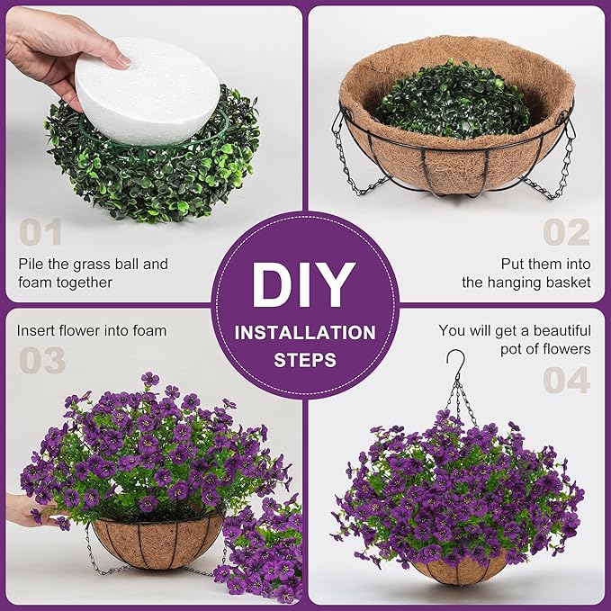 Artificial Faux Hanging Plants Flowers Basket for Outdoors Spring Summer Decoration, Hanging Planters with Fake Silk Flowers UV Resistant Realistic for Outside Porch Patio Balcony Garden Home （Purple）