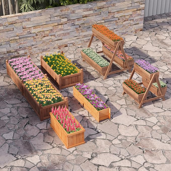 Giantex Vertical Raised Garden Bed, 3 Large Wood Planter Boxes for Flower Vegetable Fruit Herb, Freestanding Planter with Drain Holes, Elevated Raised Beds for Indoor Outdoor Lawn Patio Yard, Brown