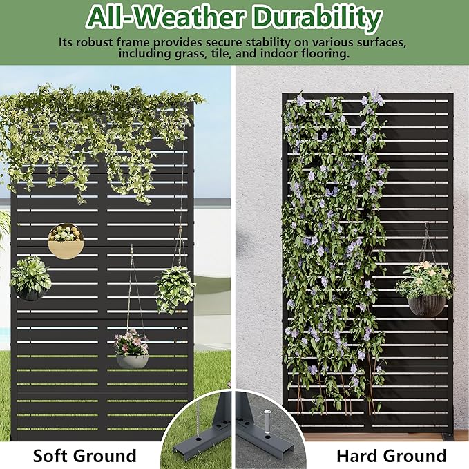 Casaphoria Metal Privacy Screen Outdoor, 60" H x 30" W Freestanding Decorative Privacy Screen for Patio Deck Balcony Garden with Stable Base, Black-Louvered