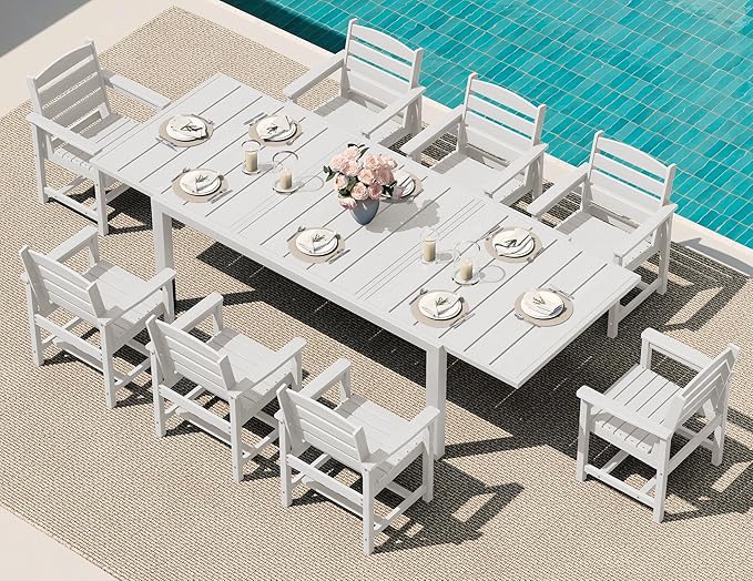 SERWALL 9-Piece Outdoor Dining Set, 60" - 83" Expandable Outdoor Dining Table and 8 HDPE Chairs, All Weather HDPE Outdoor Furniture Set for Backyard, Garden, White