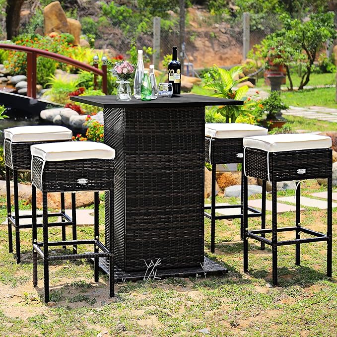 Tangkula 5 Piece Outdoor Rattan Bar Set, Patio Bar Furniture with 4 Cushions Stools and Smooth Top Table with Hidden Storage Shelf, Outdoor Conversation Set for Poolside, Backyard, Lawn