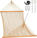 Lazy Daze Hammocks Double Rope Hammock, 2 Person Traditional Outdoor Hand Woven Cotton Rope Hammock with Spreader Bar, Carabiners, Tree Straps, Chains for Patio Yard - Max 450 Lbs, Tan