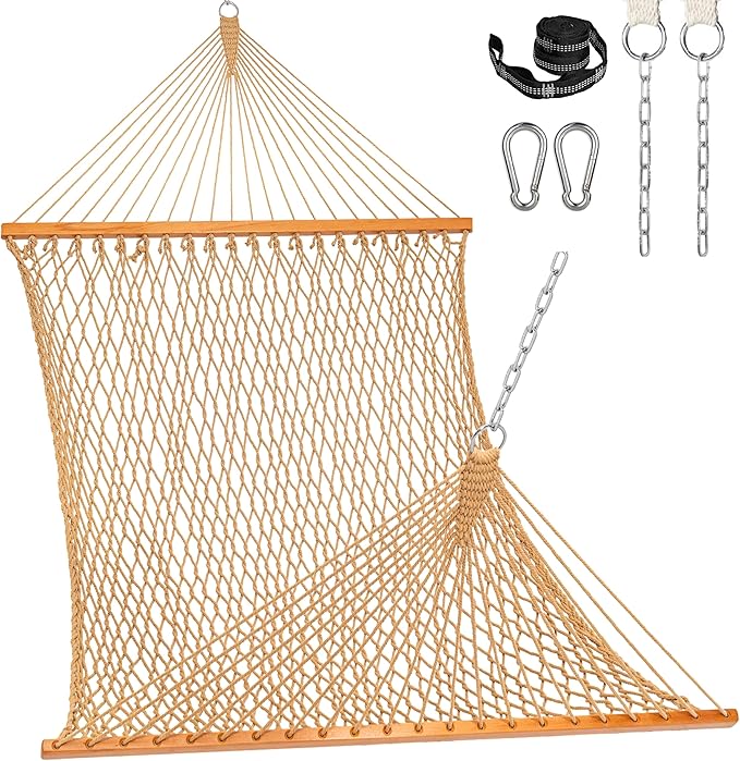 Lazy Daze Hammocks Double Rope Hammock, 2 Person Traditional Outdoor Hand Woven Cotton Rope Hammock with Spreader Bar, Carabiners, Tree Straps, Chains for Patio Yard - Max 450 Lbs, Tan