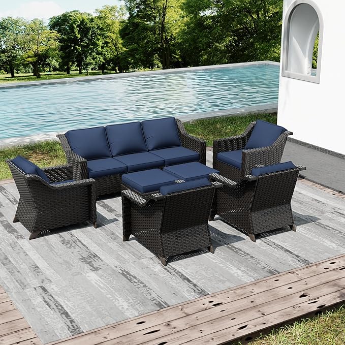 Joyside Wicker Patio Furniture Sets, 7 Pieces Upgraded Large Size Outdoor Furniture with 4 Swivel Rocking Patio Chairs, 3-Seat Sofa, Outdoor Ottoman, Thick Cushions, Wide Armrest, Blue