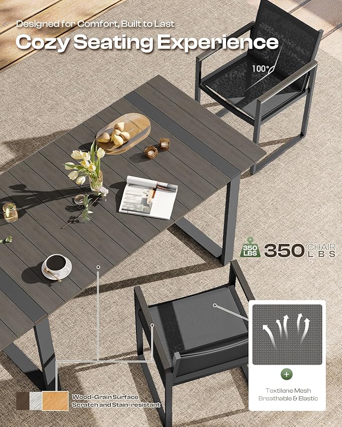 Outdoor Table and Chairs of 4, Patio Dining Sets, HDPS + Aluminum Outdoor Furniture Set with Umbrella Hole, Patio Dining Table Set (Charcoal)