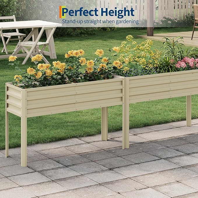 Galvanized Raised Garden Bed with Legs&Water Storage - 50×32×17 in Metal Planter Box, Outdoor Raised Garden Beds Gardening, Durable Planter Raised Beds, Sturdy Planters for Outdoor Plants (Beige)