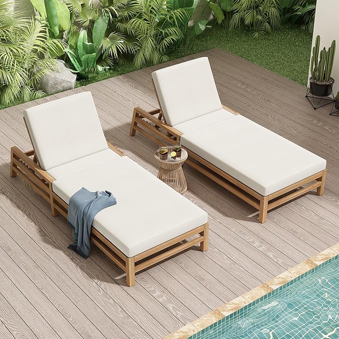 LUMISOL Outdoor Chaise Lounge Chairs Set of 2, Solid Wood Patio 5-Position Adjustable Recliner Chair with Thick Cushions, Weather-Resistant for Pool, Balcony, Garden, Light Teak