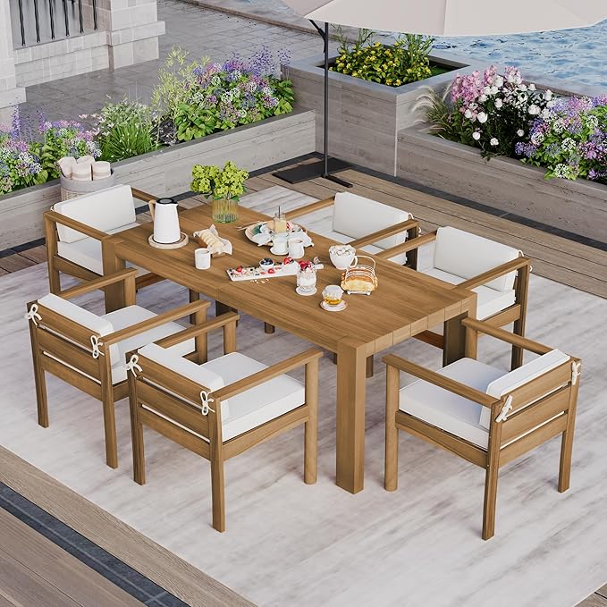 Merax 7-Piece Patio Dining Table Set,Outdoor Furniture Set with 72.8" Rectangle Table & 6 Chairs,Adjustable Leveling Feet,Umbrella Hole for Backyard,Garden, Poolside,Teak+ Beige