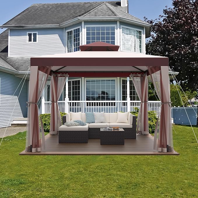Patio Gazebo Tent Outdoor Canopy Shelter 10'x10' with Removable Netting,100 Square Feet of Shade for Garden, Backyard Deck and Lawns (Red)
