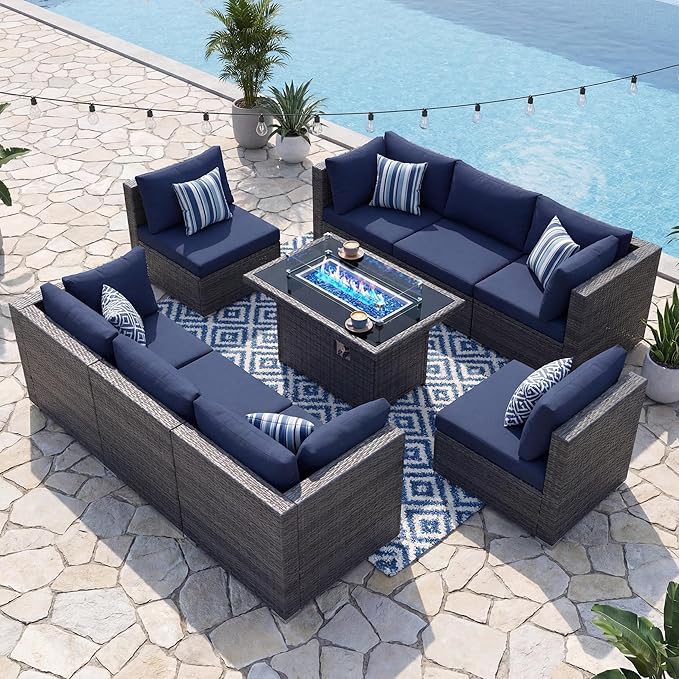 NICESOUL 9 Piece Large Outdoor Patio Furniture Set with Fire Pit Table Gas/Propane, 29.3'' High Back Rattan Modular Sectional Sofa, Extra Wide Conversations for Backyard, 2 Color Cushion Navy & Gray