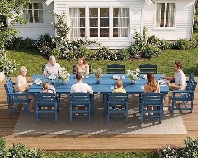SERWALL Patio Dining Sets for 10 Person, HDPE Dining Set with 2 Tables, 8 Armless Chairs and 2 Armed Dining Chairs, Blue