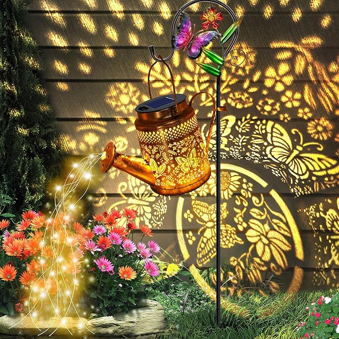 Solar Powered Butterfly Watering Can Lights Waterproof Outdoor Garden Decor with Shepherd Hook Hanging Patio Lights for Yard, Porch, Backyard Perfect Gardening & Christmas Gift for Women, Mom, Grandma