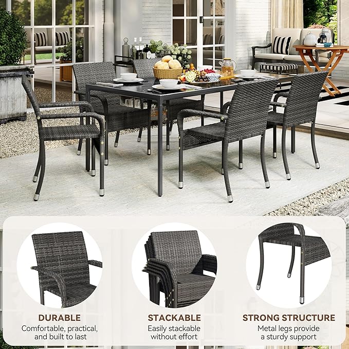 Yaheetech Set of 6 Stackable Outdoor Rattan Dining Chairs, All-Weather Armchair w/Armrests, Steel Frame for Garden, Patio, Deck, Yard, Poolside Gray