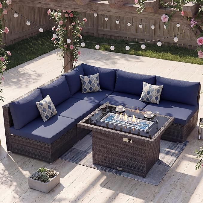 NICESOUL 6 Piece Modern Wicker Patio Furniture Set with Firepit Natural Gas/Propane, 29.3'' High-Back Deep Wide Seat Outdoor Conversation for Backyard, Oversized Sofa Couch, 2 Color Cushion Navy&Gray