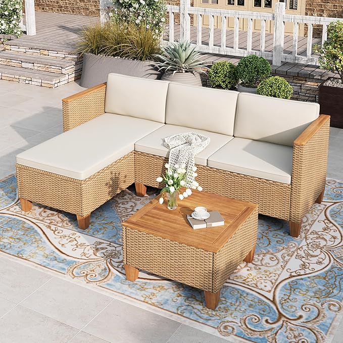 HERA'S HOUSE Small Patio Furniture Set, 3 Pieces Wicker Outdoor Sectional Sets,Yellow Rattan Conversation Set with Sofa and Coffee Table for Garden and Backyard, l Shape Boho Balcony Couch Sets