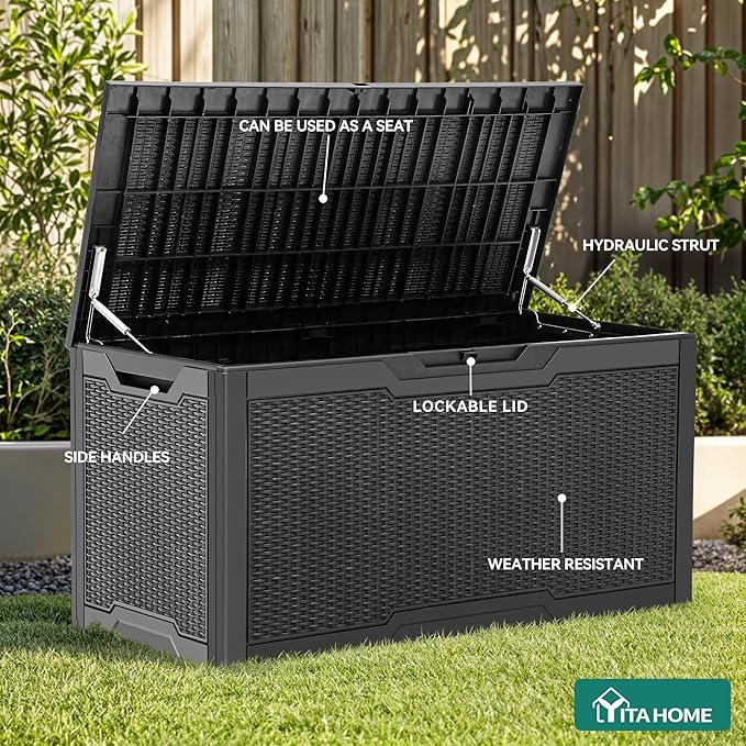 YITAHOME 100 Gallon Resin Deck Box, Weather Resistant Outdoor Storage Box, Lockable Indoor Outdoor Storage for Supplies and Essentials, Black