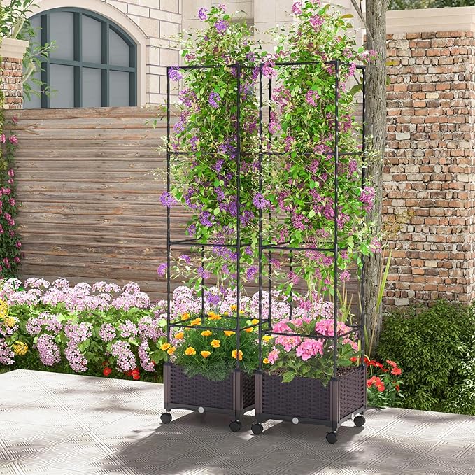 Giantex Raised Garden Bed with Tomato Cages, 67” Adjustable Height, Self Watering Planter Garden Box with Wheels, Trellis for Climbing Plants Vegetable Flower