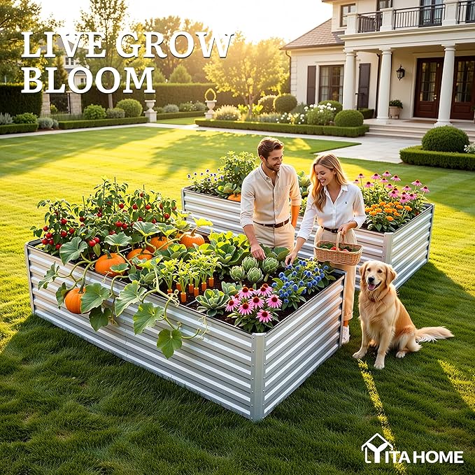 YITAHOME 8x4x2ft 2pcs Large Raised Garden Bed Kit, Galvanized Metal Planter Box with Gloves, Ground Nails & Safety Rubber, Outdoor Above Ground Planters for Plants Vegetables Flowers, Silver
