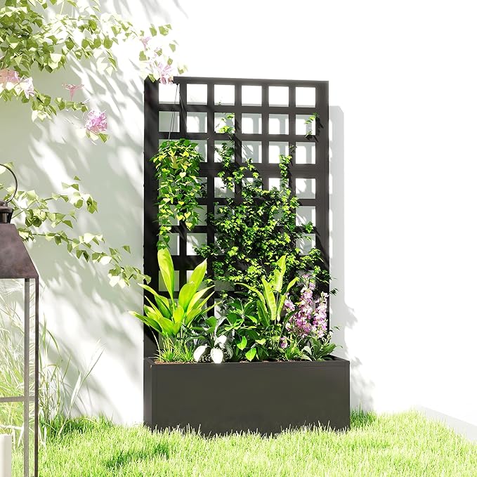 Outsunny Galvanized Raised Garden Bed with Trellis, Metal Planter Box with Drainage Holes, Outdoor Privacy Screen for Climbing Plants, Vegetable, Vines, 24" x 9" x 44.5", Black