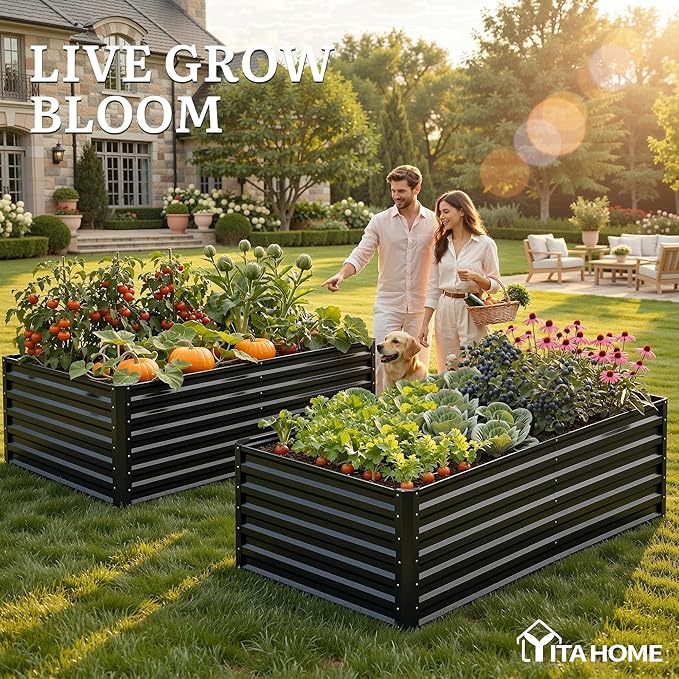 YITAHOME 6x3x2ft Large Raised Garden Bed Kit, Galvanized Metal Planter Box with Gloves, Ground Nails, Support Rod, Outdoor Above Ground Planters for Plants Vegetables Flowers, Black