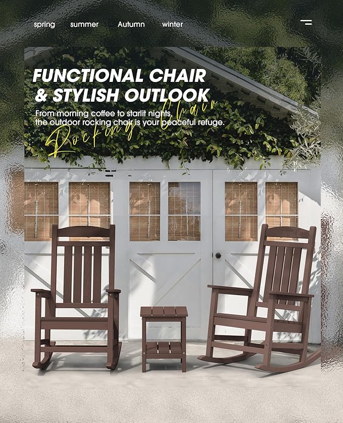 KINGYES Outdoor Rocking Chair Set 2, All Weather HDPE Patio Rocking Chairs for Adults, Coffee Brown