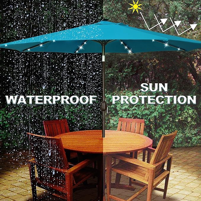 Blissun 9 ft Solar Umbrella 32 LED Lighted Patio Umbrella Table Market Umbrella with Tilt and Crank Outdoor Umbrella for Garden, Deck, Backyard, Pool and Beach (Cerulean)