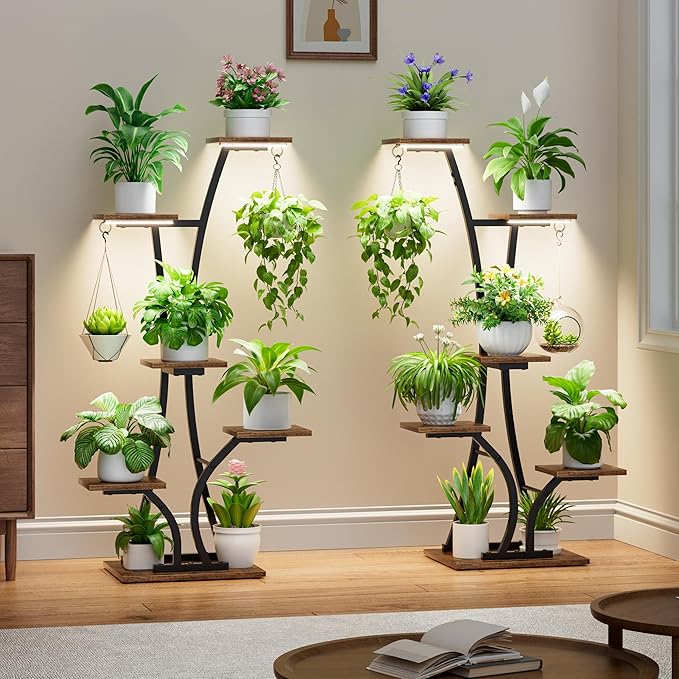 Plant Stand with Grow Light for Indoor Plants, 6 Tiered Metal Plant Shelf, 45" Indoor Plant Rack with 7 Shelves and 2 Hooks, Modern Corner Plant Holder for Living Room Balcony Bedroom, Black