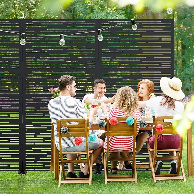 Casaphoria Metal Privacy Screen Outdoor, 72" H x 35" W Freestanding Decorative Privacy Screen for Patio Deck Balcony Garden with Stable Base, Black-Shine