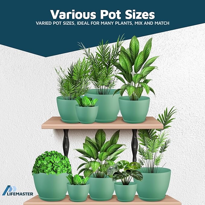 Mint Plant Pots with Drainage Holes & Saucers 15 Pack, Indoor & Outdoor Stackable Space-Saving Planters for Houseplants & Flowers, (7", 6.7", 6", 5.3", and 4.8" Inches), Durable & Weatherproof
