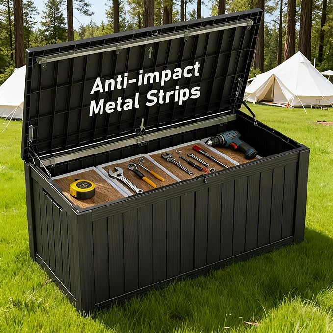 Outdoor Storage Box, Resin Deck Boxes Indoor and outdoor, Waterproof Storage Box Lockable Lid (Black,150 Gallon)