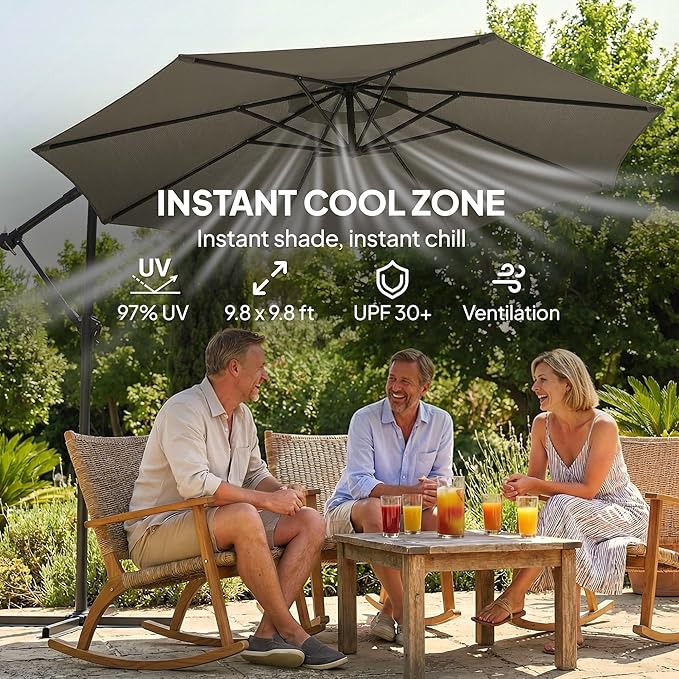 Outsunny 10 ft Offset Patio Umbrella with Cover, Round Hanging Cantilever Umbrella with 6-Position 360° Rotation, Crank Handle, Tilt, Cross Base, Heavy Duty Outdoor Umbrella for Garden
