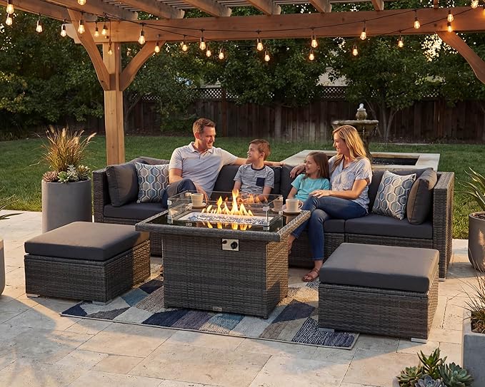 NICESOUL 29.3'' High Backrest Patio Furniture Set with Firepit Table Gas/Propane, Heavy Duty Deep Seating Outdoor Sectional Sofa Sets, 6 Seater Modern Luxury Extra Large Wicker Conversations, Gray