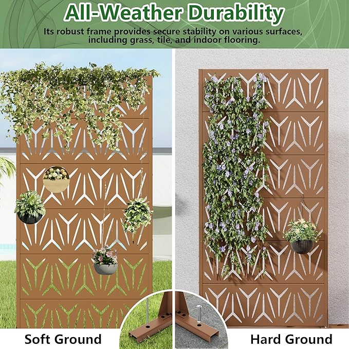 Casaphoria Metal Privacy Screen Outdoor, 72" H x 35" W Freestanding Decorative Privacy Screen for Patio Deck Balcony Garden with Stable Base, Brown-Star