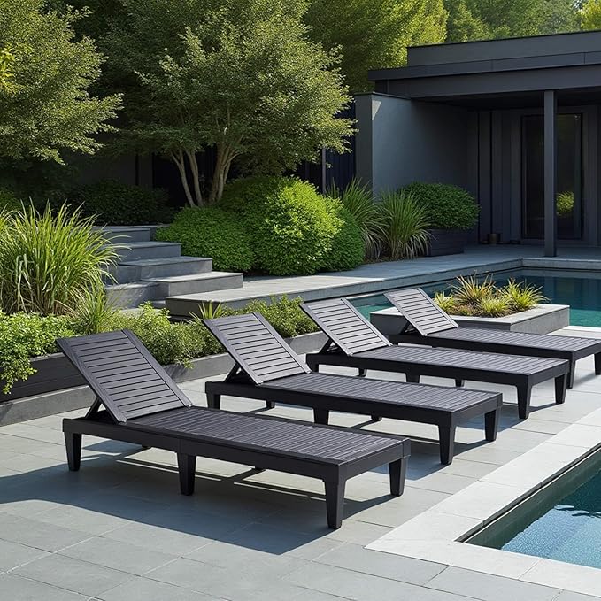 Nestl Patio Chairs - Black Chaise Lounge Chair Outdoor, 5-Position Adjustable Sun Tanning Chair, Waterproof Pool Lounge Chairs Set of 4, Reclining Lawn Chair, Lightweight Outdoor Lounge Chairs