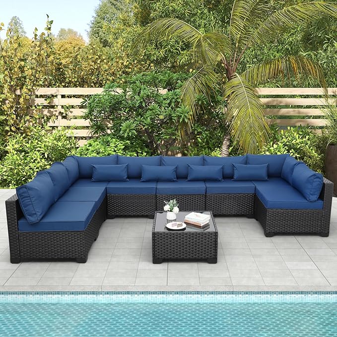 9 Pieces Outdoor Sectional All-Weather Wicker Patio Furniture Set Patio Sectional and Glass Patio Table Non-Slip Cushions and Waterproof Covers, Navy Blue